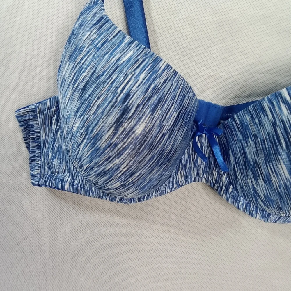 Mottled Blue Full-Coverage Bra‎ with Decorative Detail